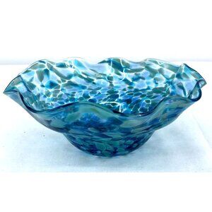 KOBO Art Glass Blue Bowl 7" Diameter Water Garden Pattern